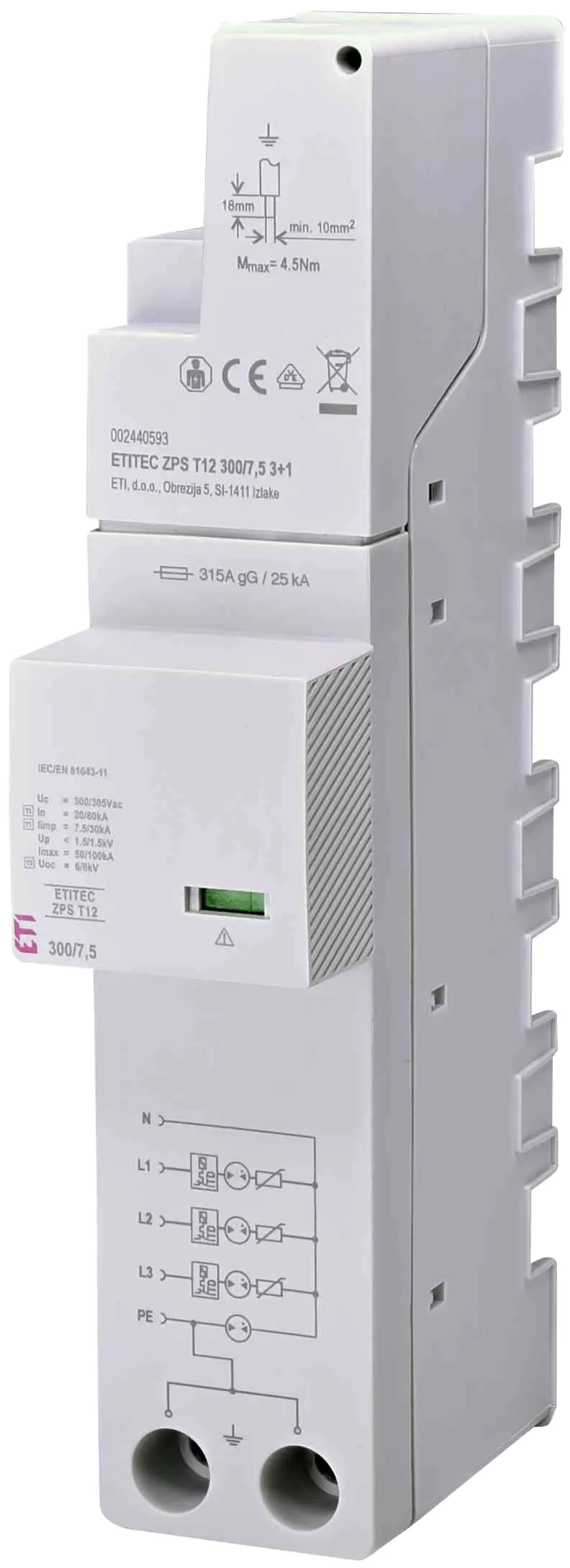 Surge arrester ETITEC ZPS T12 300/7,5 3+1 RC 002440597