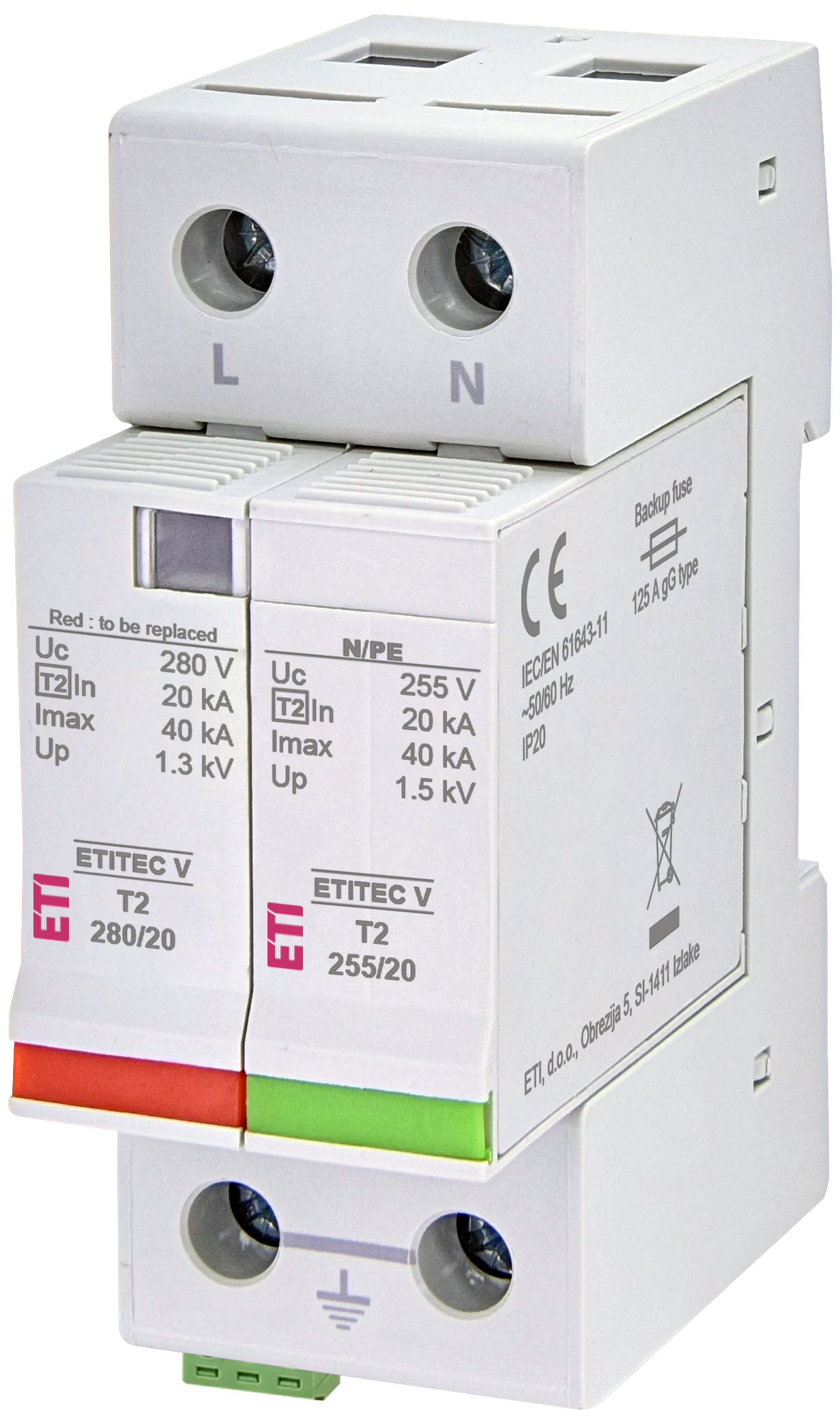 Surge arrester ETITEC V T2 280/20 1+1 RC 002443018
