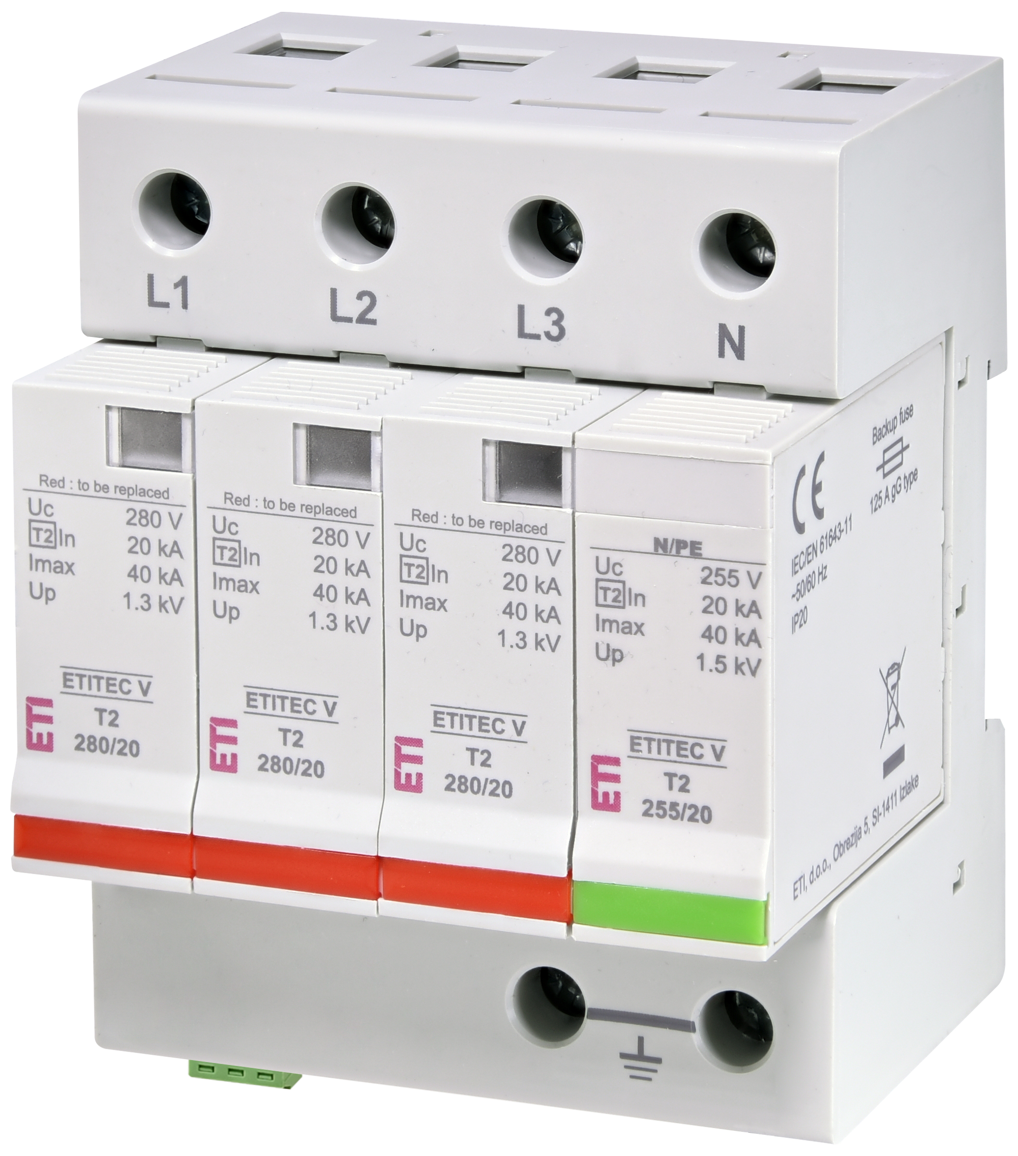 Surge arrester ETITEC V T2 280/20 3+1 RC 002443021