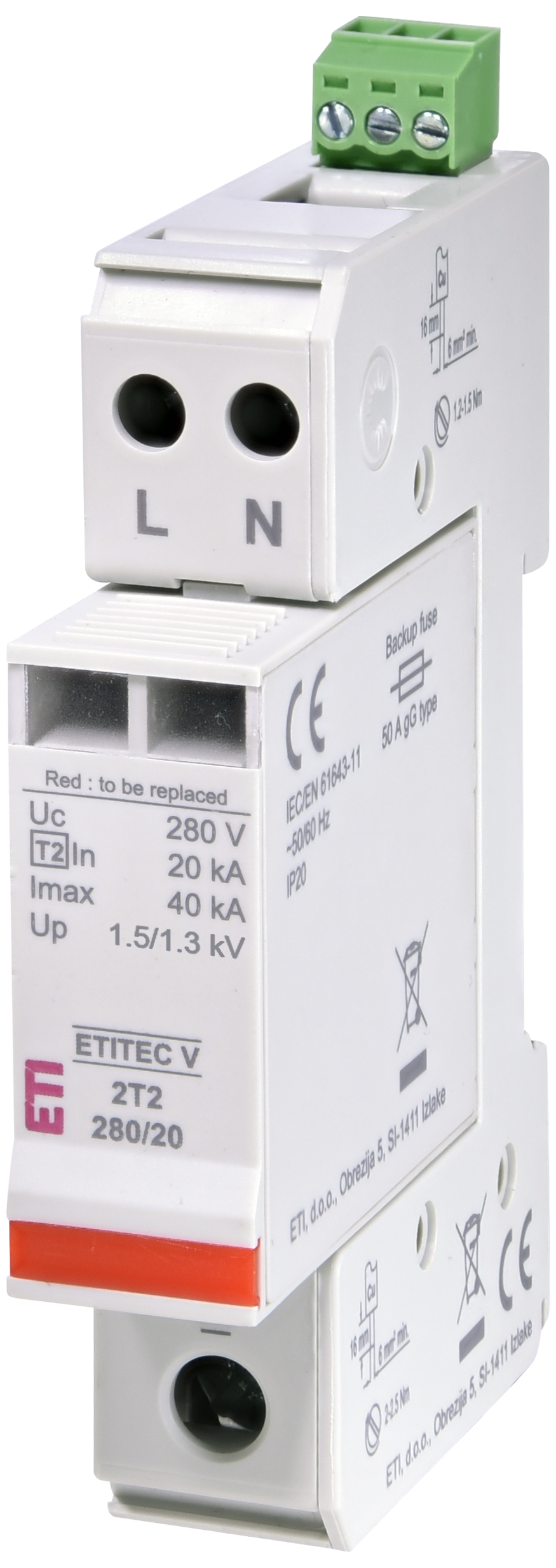 Surge arrester ETITEC V 2T2 280/20 1+1 RC 002443035